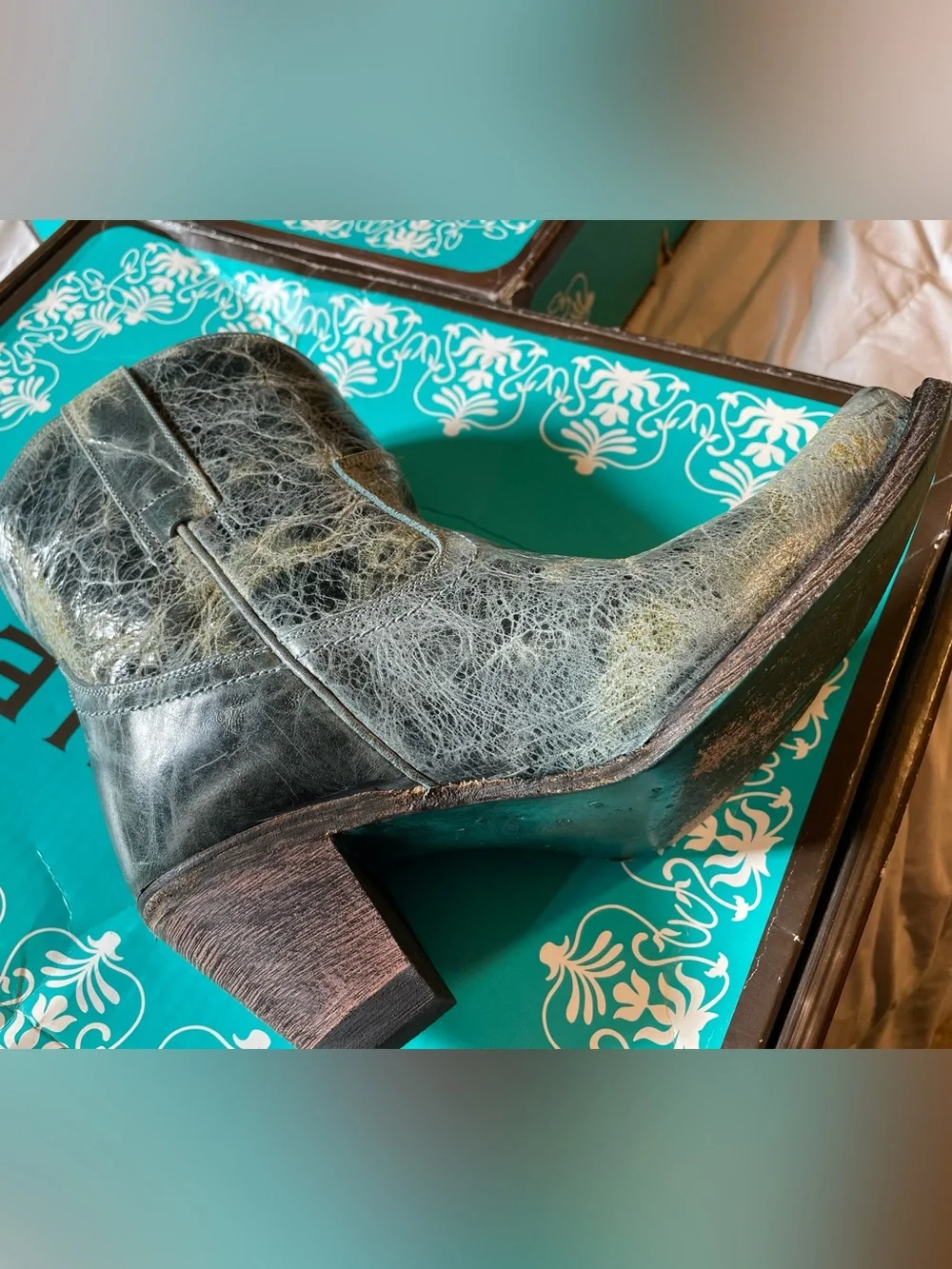 LANE Women's Teal Distressed Leather Western Ankle Boots